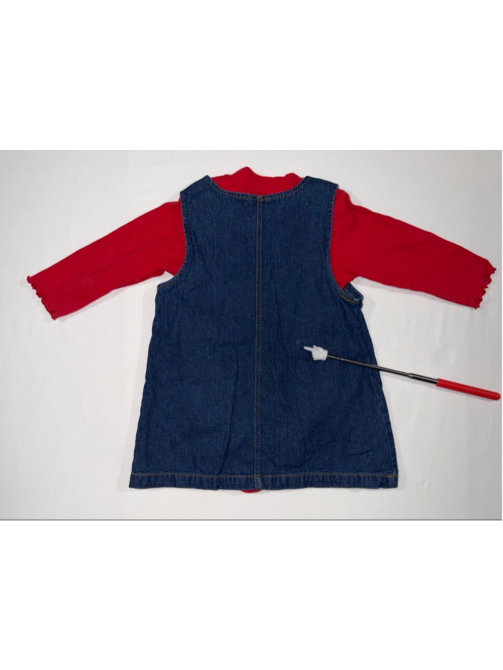 UR it Girls Blue Denim Red Jumper Dress 24 Months Flower Pocket Button Baby - Picture 2 of 9